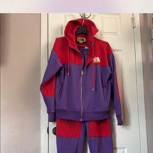 The North Face Purple and Red Colorblock Zip Hoodie & Pants Set